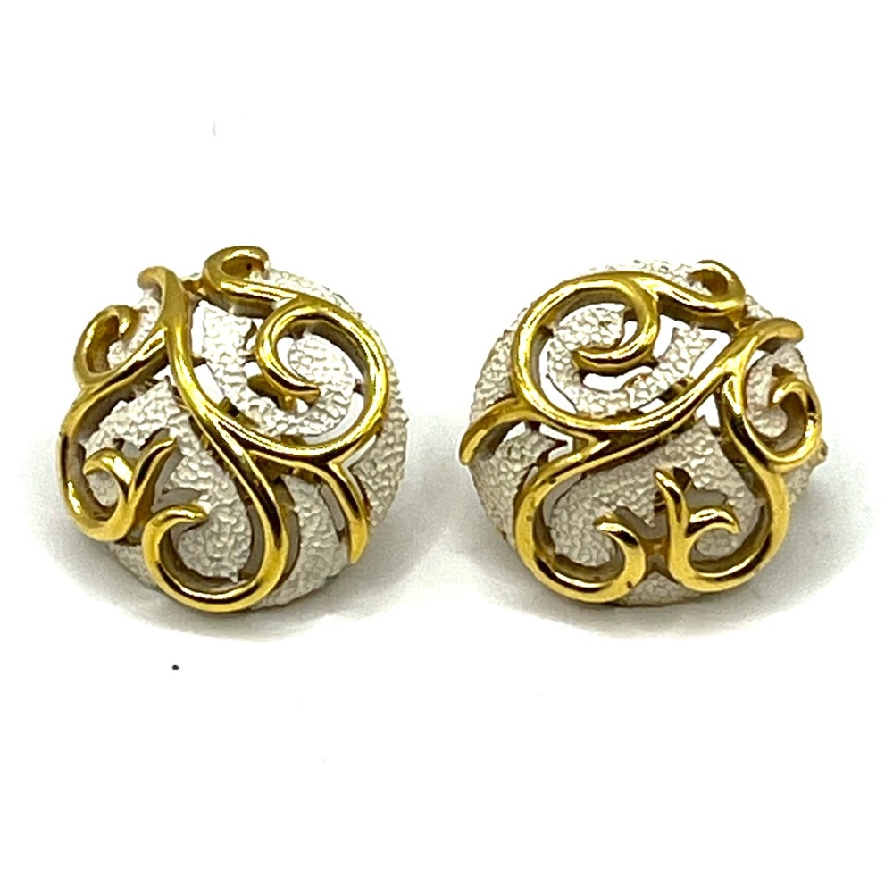 Vintage Crown Trifari Cream and Gold Tone Scrolls Clip Earrings